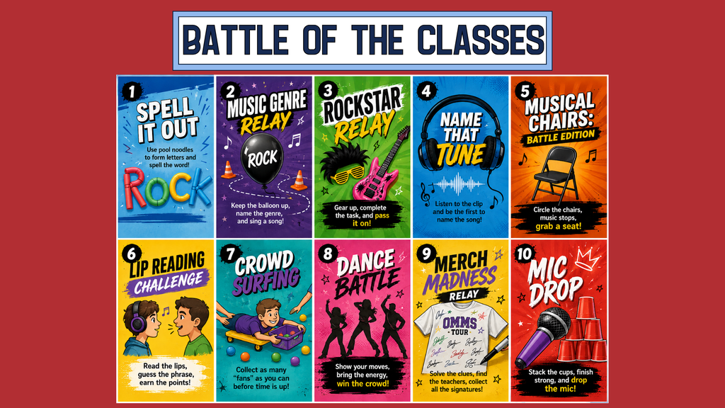 red/white/blue themed graphic detailed the various activities of homecoming week