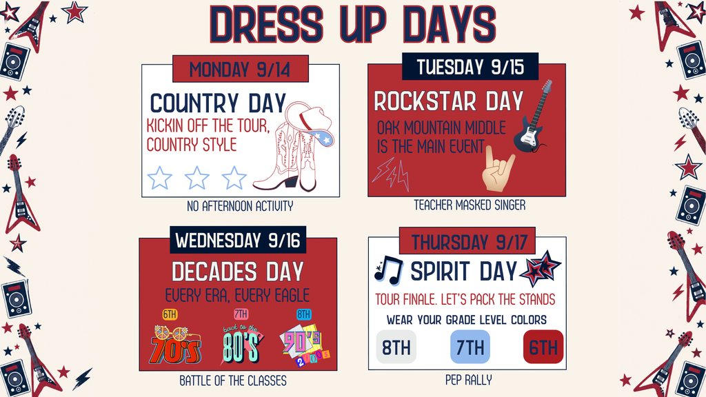 Graphic in red/white/blue color scheme detailing each day's dress up day