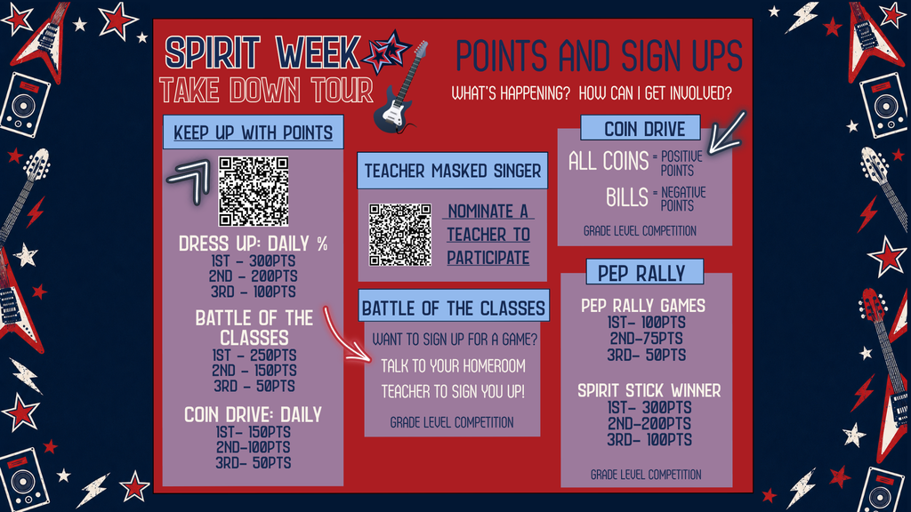 red/white/blue themed graphic detailing the week's activities in purple boxes
