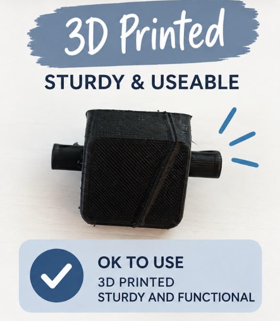 An image of a 3D printed tape dispenser roller that says "sturdy and functional"