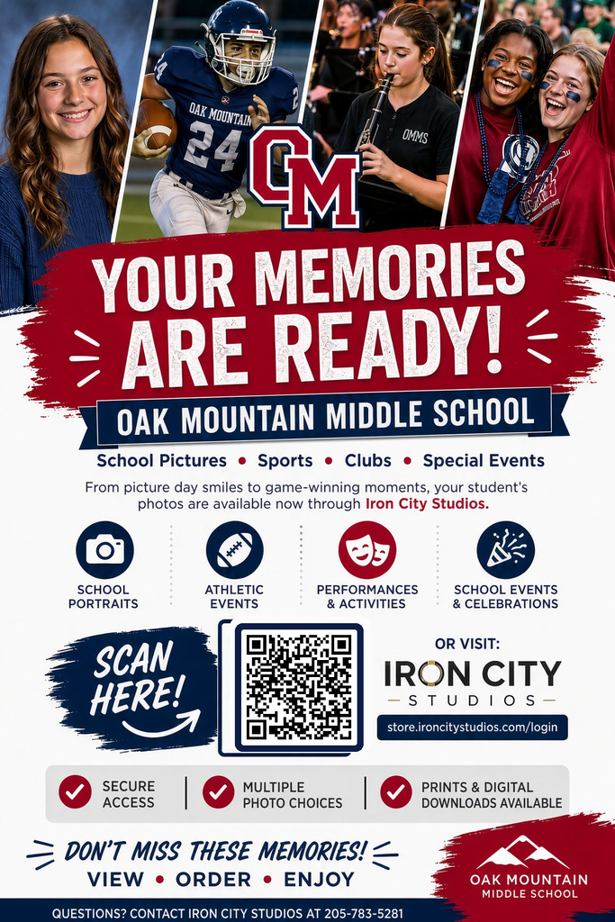 A flyer in red/white/blue color scheme encouraging parents to order photos through iron city studios