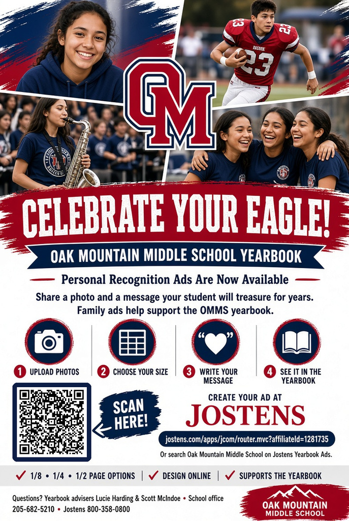 A red/white/blue flyer with the text "celebrate your eagle" encourages parents/guardians to include a personalized student ad in the upcoming OMMS yearbook