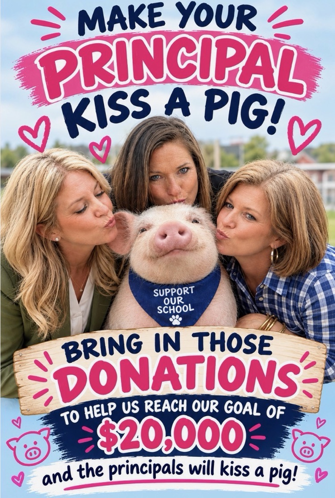 Bring in the Donations to help us reach our goal of $20,000 and the principals will kiss a pig!