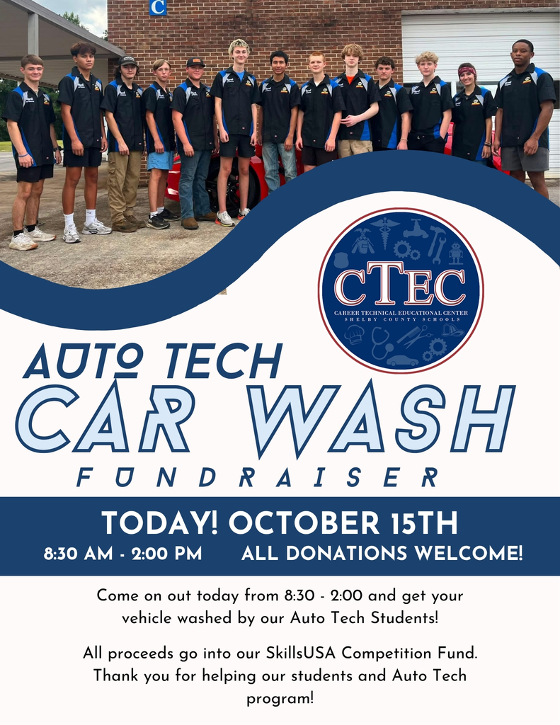 CTEC Auto Tech Car Wash Fundraiser Today? October 15th 8:30 am - 2:00 pm. All Donations welcome! Come on out today from 8:30 - 2:00 and get your vehicle washed by out Auto Tech students! All proceeds go into our SkillsUSA Competition Fund. Thank you for helping our students and Auto Tech program!