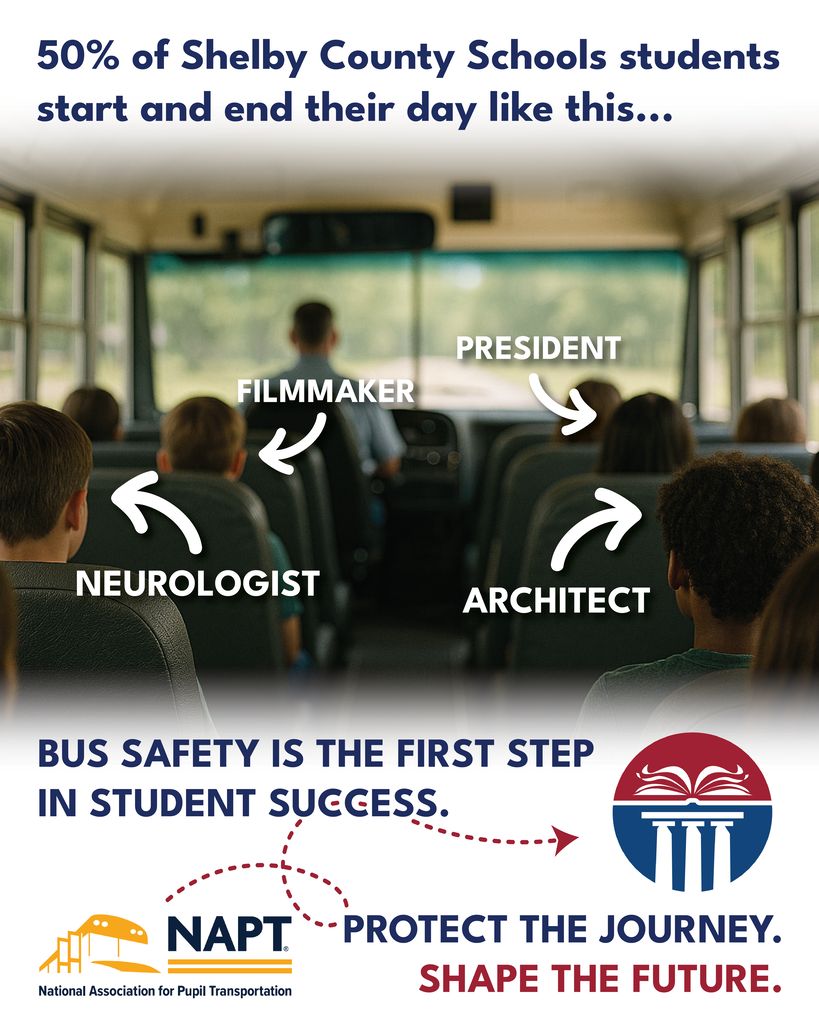 Photo about Bus Safety Week showing students sitting on a bus with their potential jobs listed above their heads.