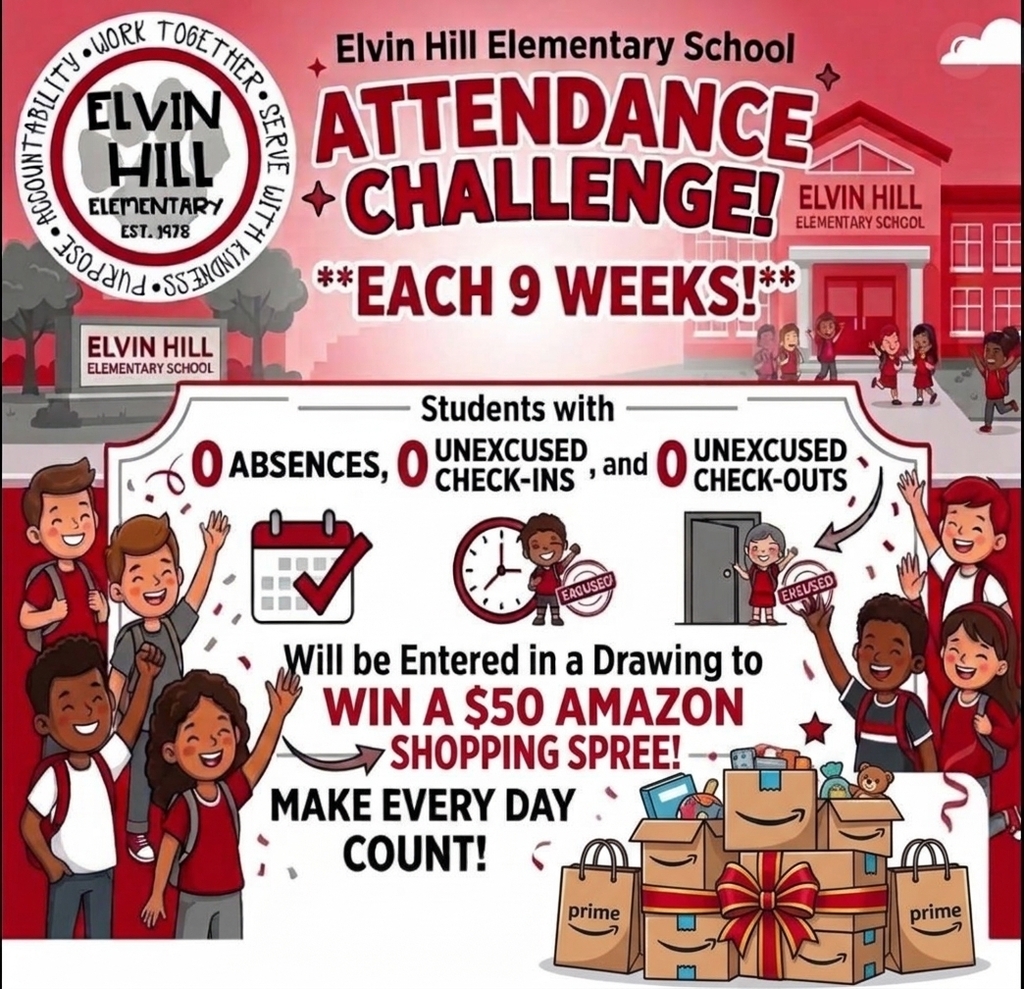 Each 9 weeks attendance challenge- have 0 absences and 0 unexcused check ins and check outs will be entered to win a 50 dollar shopping spree