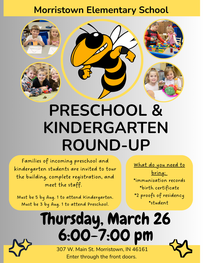 morristown preschool & kindergarten round up thursday march 26 from 6 to 7 p.m. at morristown elementary school