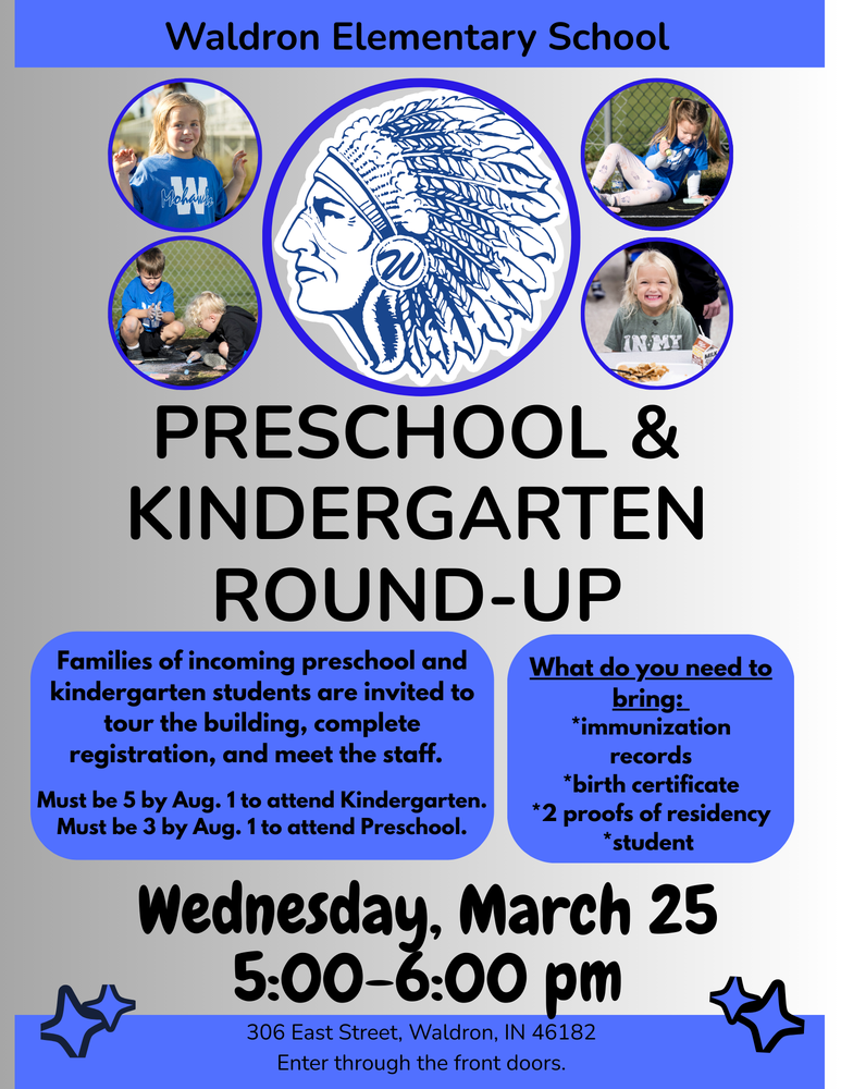 Waldron preschool and kindergarten round-up image wednesday, march 25 from 5 to 6 pm at waldron elementary school