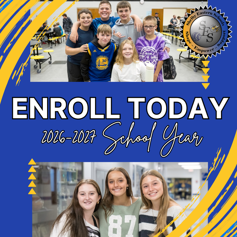 enroll today 2026-2027 School year with a picture of elementary students reading books and a picture of preschool students playing in the gym