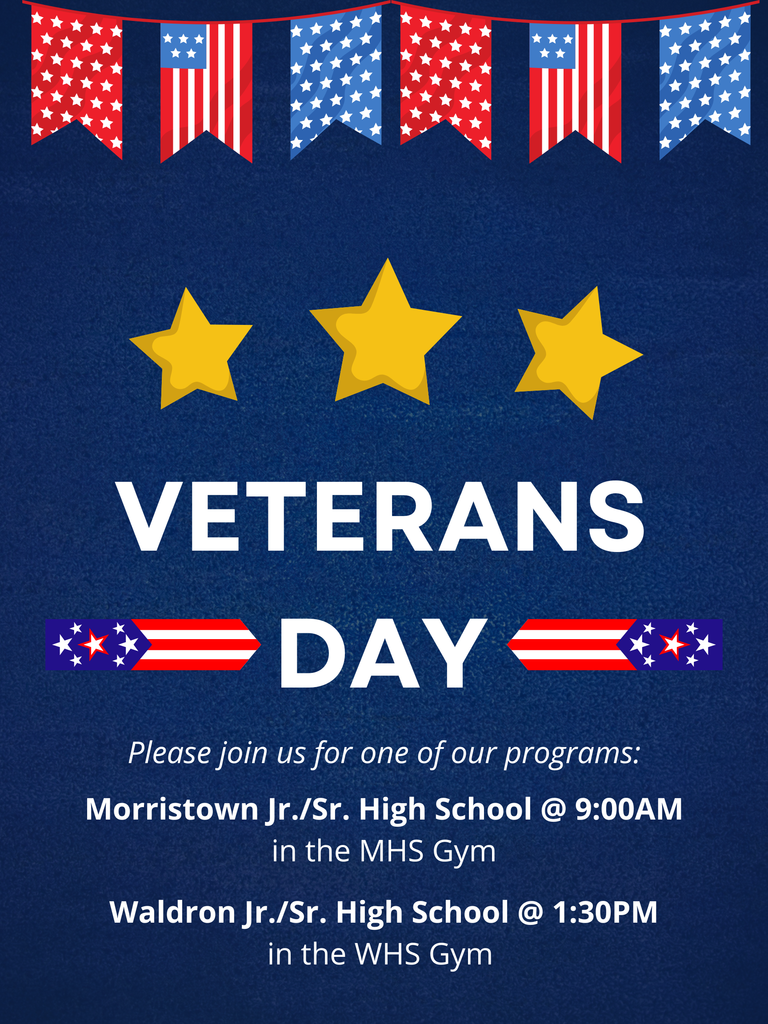 Blue poster with stars, stripes, and Veterans Day program information