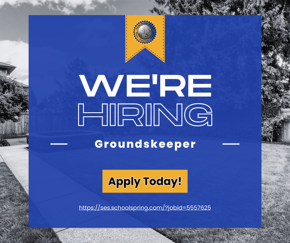 We're Hiring a Groundskeeper at Shelby Eastern Schools Apply today blue overlay over image of a pristine yard