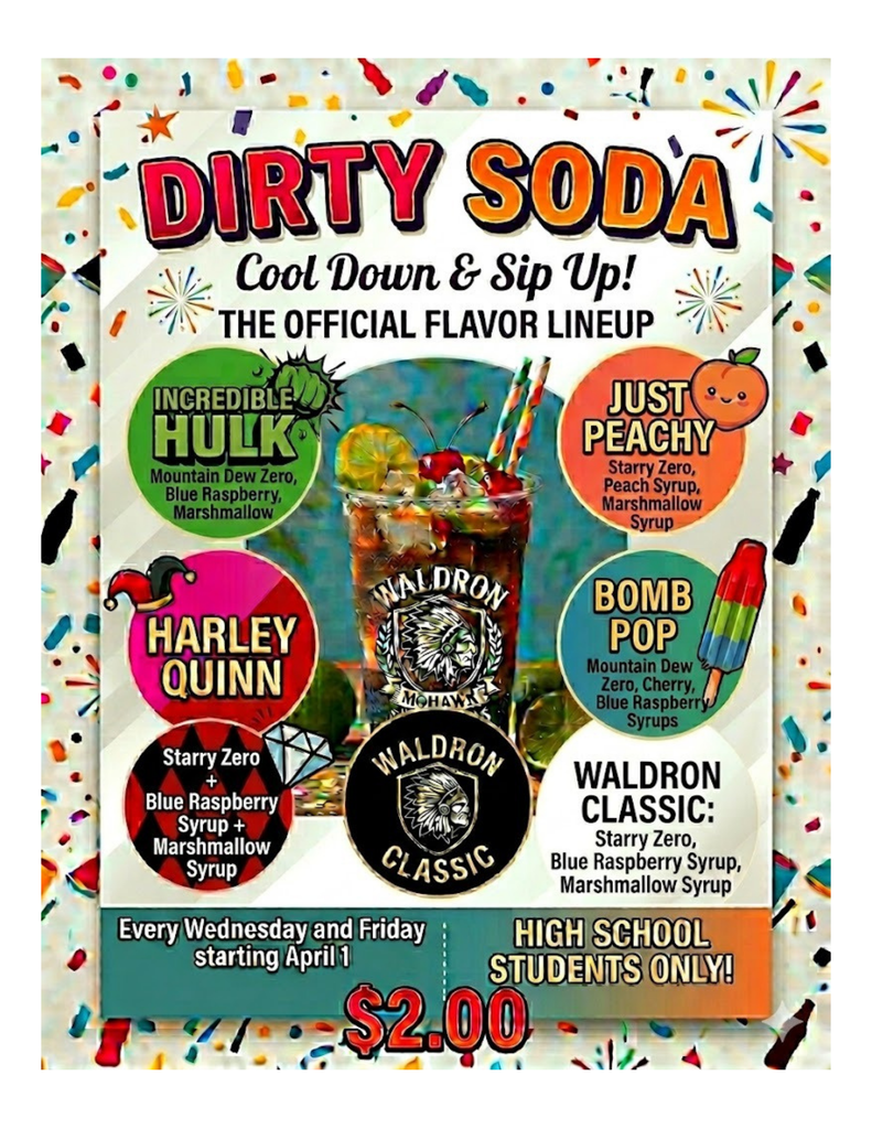 Decorative Image with dirty soda flavors and an image of a soda with a straw
