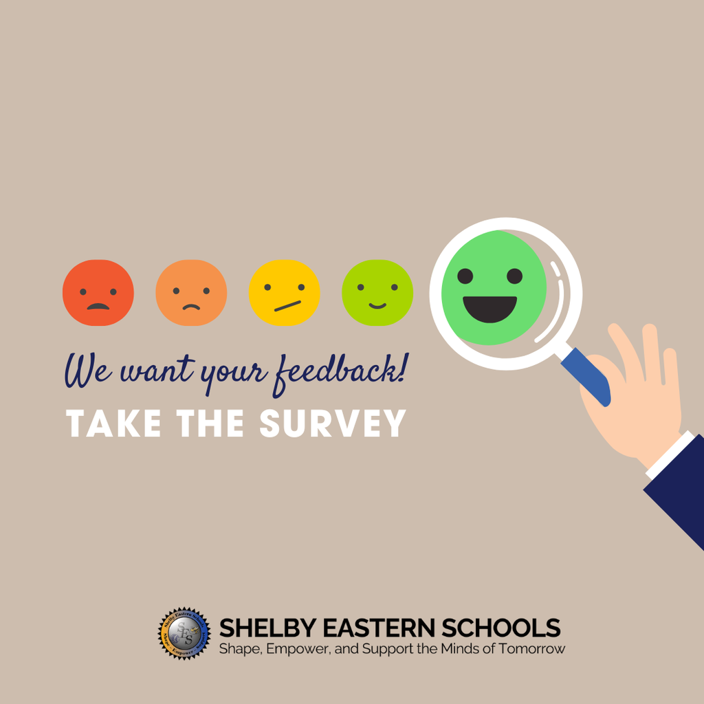 Smiley face rating scale with the words saying "We want your feedback! Take the survey."