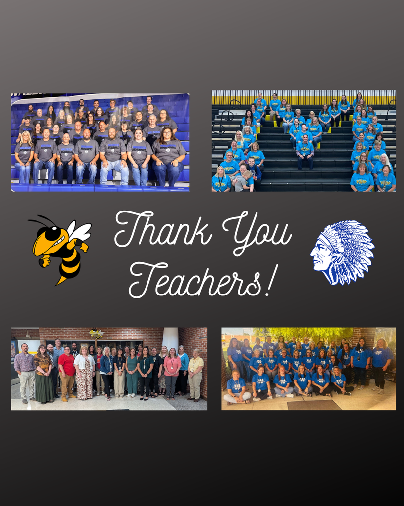 Thank you, teachers! with four staff group pictures and the mascot logos on black background