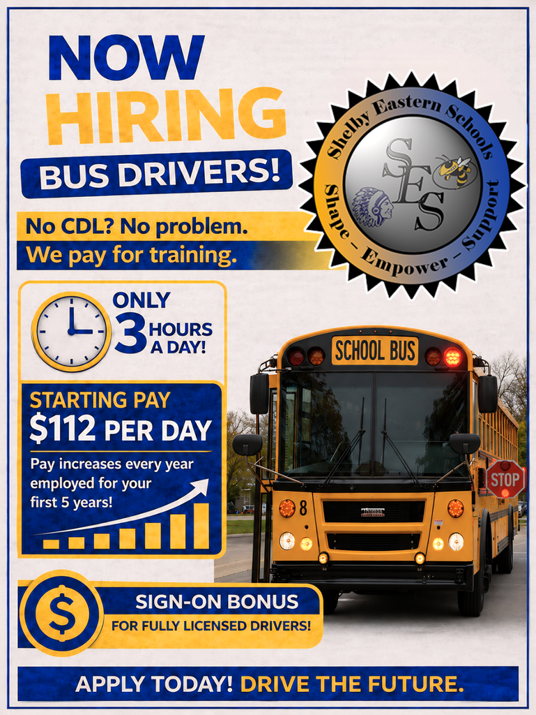 A recruitment flyer for Shelby Eastern Schools advertising openings for bus drivers.