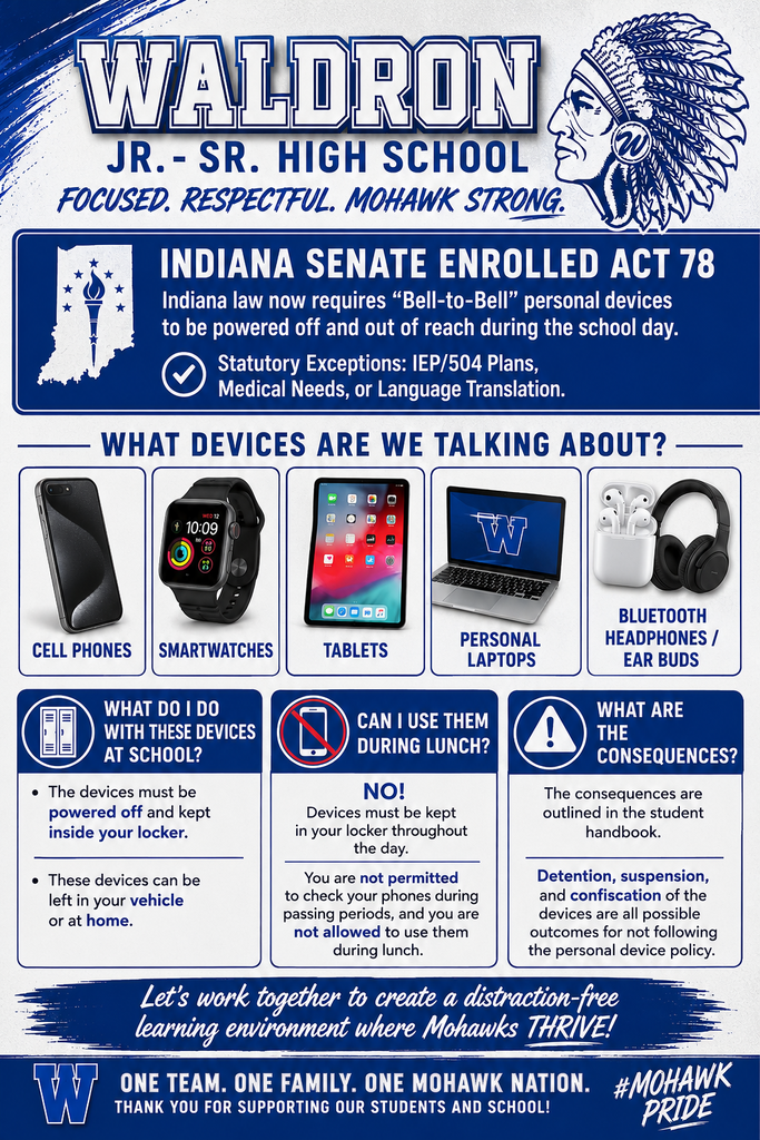 Promotional flyer from Waldron Jr.-Sr. High School explaining the "Bell-to-Bell" personal device policy under Indiana Senate Enrolled Act 78. Devices including cell phones, smartwatches, tablets, personal laptops, and Bluetooth headphones must be powered off and stored in lockers, vehicles, or at home. Exceptions apply for IEP/504 plans, medical needs, or language translation. Devices are not permitted during lunch or passing periods, and violations may result in detention, suspension, or confiscation.