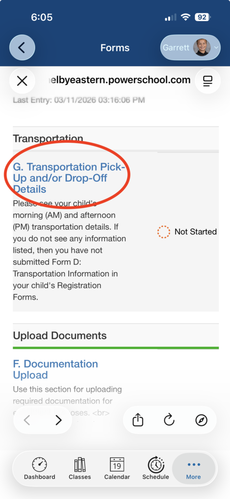 PS 3: Select "G. Transportation Pick-Up and Drop-Off Details
