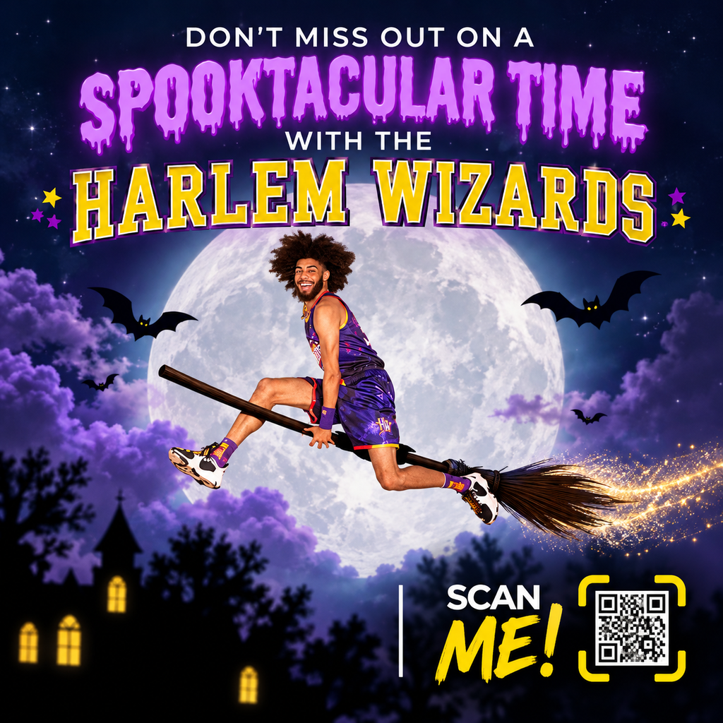 A promotional Halloween graphic featuring a Harlem Wizards basketball player riding a flying broomstick against a full moon, dark purple cloudy night sky, bats, and silhouettes of trees and a haunted house. Bold text at the top reads "DON'T MISS OUT ON A SPOOKTACULAR TIME WITH THE HARLEM WIZARDS" in purple and yellow lettering. The bottom right corner features a yellow QR code with the text "SCAN ME!"