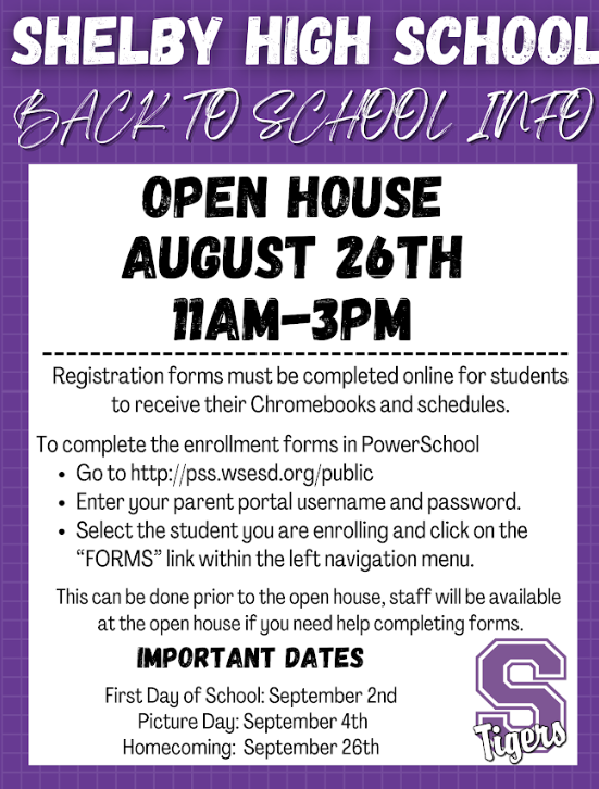 SHS Open House Information August 26th from 11am-3pm at Shelby High School.