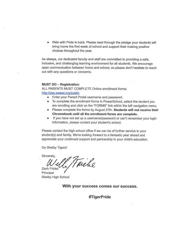 SHS Welcome Back Letter in English.