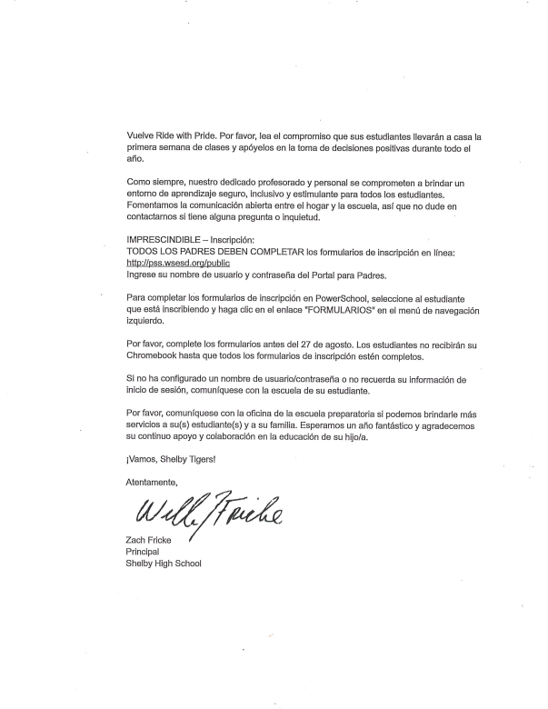 SHS Welcome back letter in Spanish.