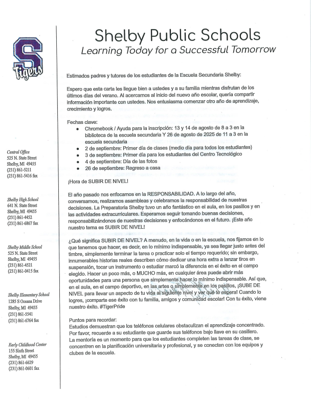 SHS Welcome back letter in Spanish.