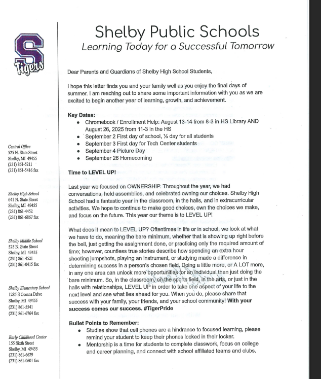SHS Welcome Back Letter in English.