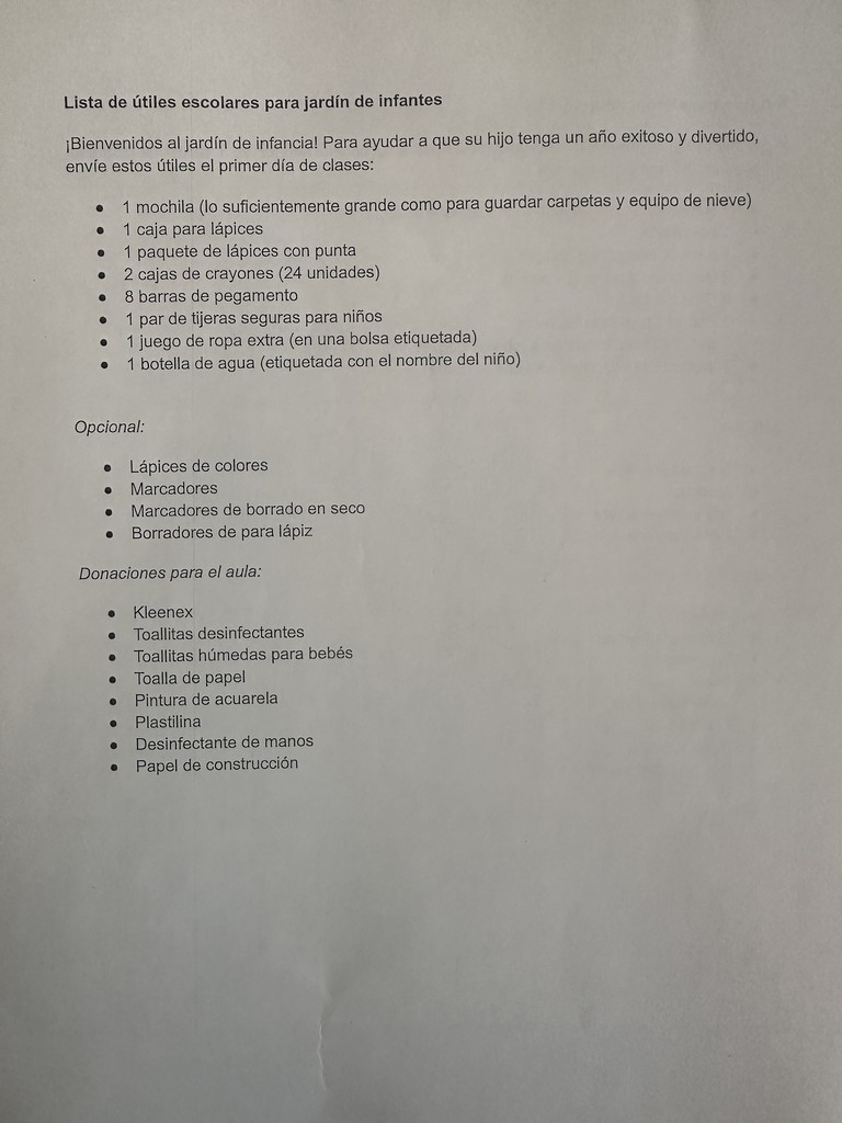 Kinder List Spanish