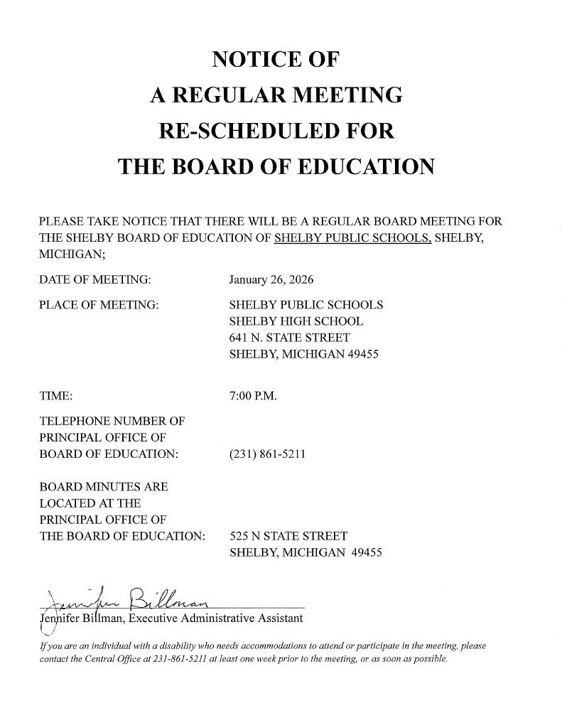 Rescheduled Board Meeting 1-26-26