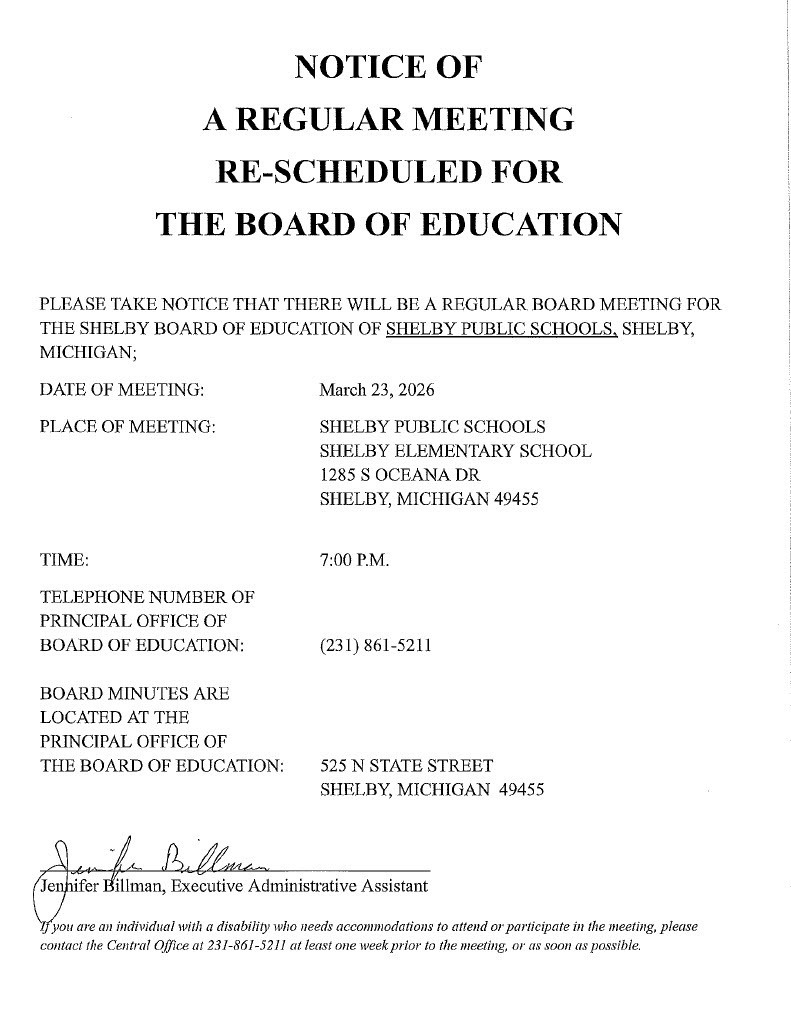 Rescheduled Board Meeting 3-23-26