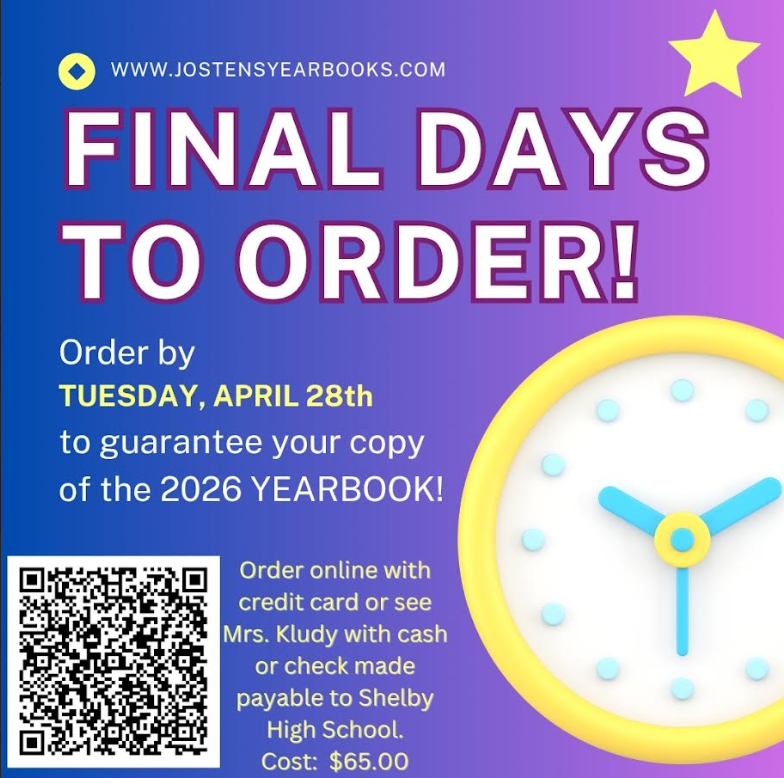 Final Day To Order SHS Yearbook to guarantee a copy is April 28th, 2026. Contact Mrs. Kludy at SHS.