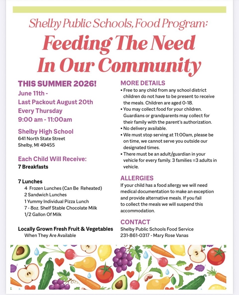 Feeding the Need In Our Community This summer 2026. June 11th through August 20, 2026 9am-11am Shelby High School