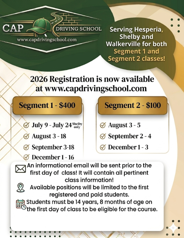 CAP Driving School 2026 registration information for 2026.