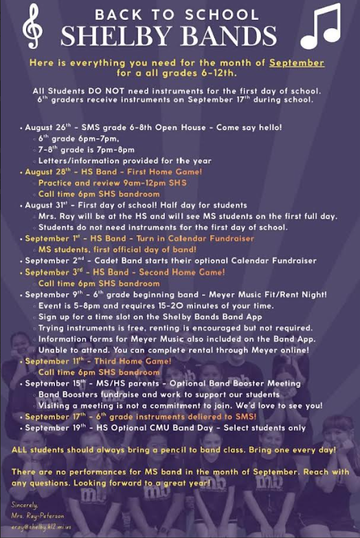 Back to School Information Shelby Bands