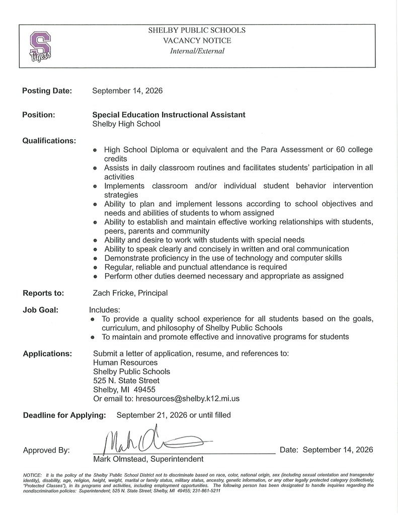 Shelby High School Special Education Instructional Assistant