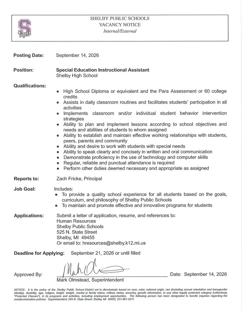 Shelby High School Special Education Instructional Assistant