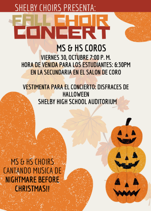 SHS and SMS Fall Choir Concert 2026 information in Spanish.