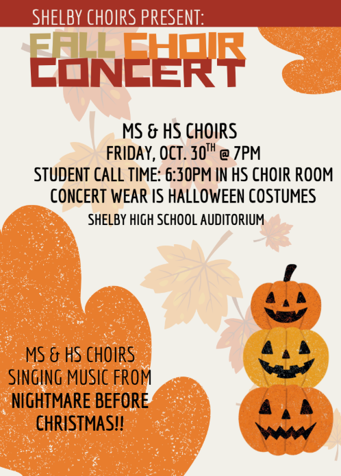 SHS and SMS Fall Choir Concert information in English.