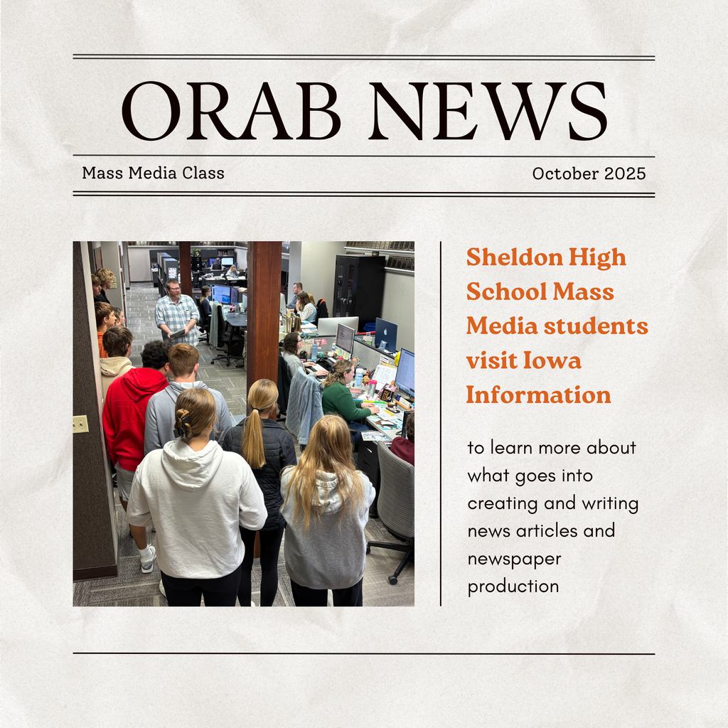 Sheldon High School Mass Media students are continuing their study of various types of media and careers in the media industry.  Recently, the class visited Iowa Information in Sheldon to gain a closer look at the newspaper industry. During their visit, students toured the newsroom, met with editors and reporters, and learned about the writing, editing, and design processes that bring a newspaper to life.  A big thank-you to Iowa Information for hosting us and giving students the opportunity to explore the world of print media!