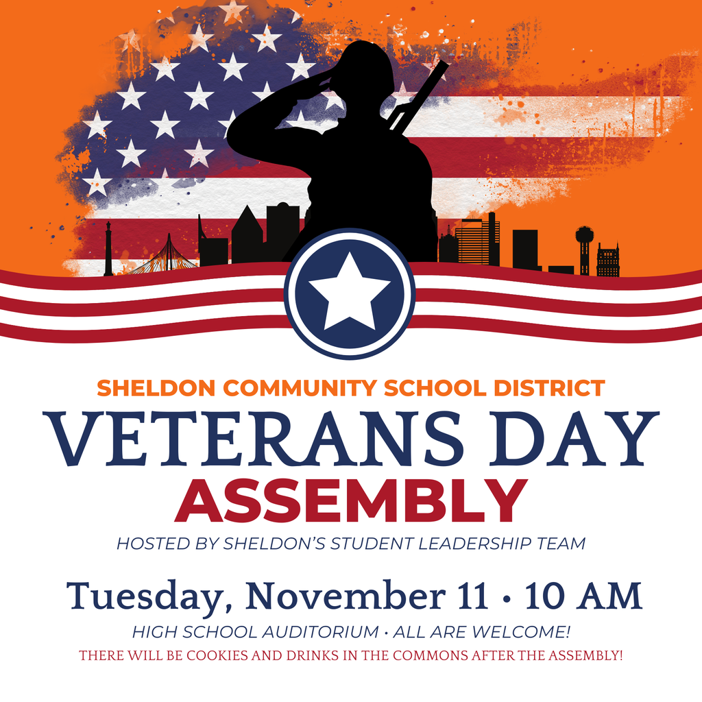Honoring our heroes on Veterans Day. Thank you for your sacrifice.  Join us today at our Veterans Day Program at 10am in the high school auditorium. We invite the entire community to join us as we honor and celebrate the service and sacrifice of our local veterans. *Thank You Veterans image created by Sheldon High School Mass Media student, Koby Peelen*