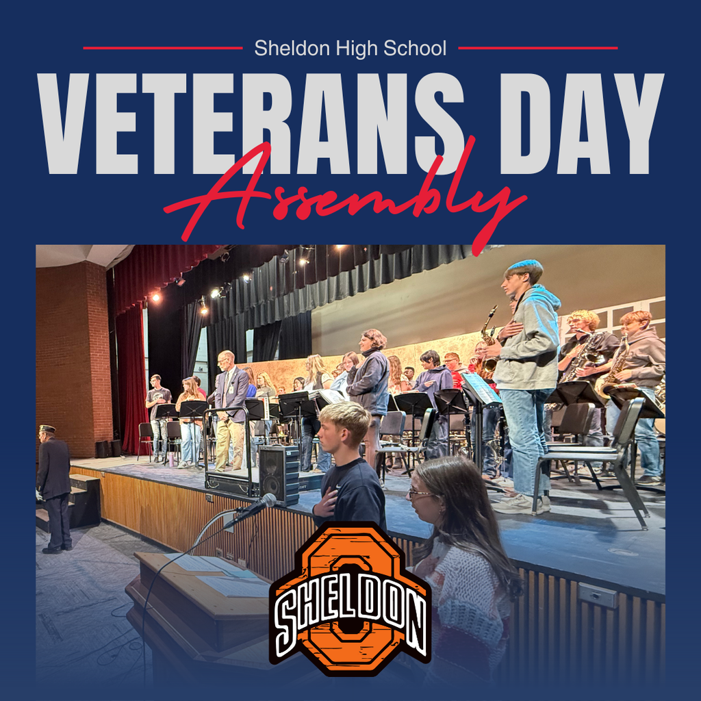 Staff, students, and community members gathered to honor and celebrate our veterans during a special Veterans Day assembly. The program began with the presentation of colors, followed by the Pledge of Allegiance and a moving performance by the Sheldon High School band, featuring Clint Badberg’s tribute to the branches of the military. Throughout the ceremony, local veterans were recognized and sincerely thanked for their service, dedication, and sacrifice in protecting our freedoms.  Thank you to Braeden Mouw and Sophie Meyer for leading the program, and to our guest speaker, Dr. Ryan Becker, who shared an inspiring message about the importance of service, community, and remembering those who have protected our freedoms. We are also deeply grateful to all the veterans who attended and allowed us the opportunity to express our appreciation in person.  We extend our heartfelt thanks to all veterans for their dedication and courage, and to everyone who helped make this meaningful event possible. Your service and sacrifice will never be forgotten.