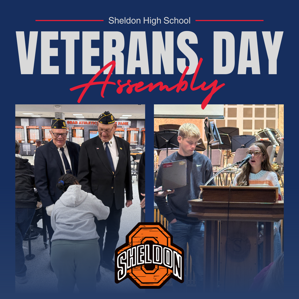 Staff, students, and community members gathered to honor and celebrate our veterans during a special Veterans Day assembly. The program began with the presentation of colors, followed by the Pledge of Allegiance and a moving performance by the Sheldon High School band, featuring Clint Badberg’s tribute to the branches of the military. Throughout the ceremony, local veterans were recognized and sincerely thanked for their service, dedication, and sacrifice in protecting our freedoms.  Thank you to Braeden Mouw and Sophie Meyer for leading the program, and to our guest speaker, Dr. Ryan Becker, who shared an inspiring message about the importance of service, community, and remembering those who have protected our freedoms. We are also deeply grateful to all the veterans who attended and allowed us the opportunity to express our appreciation in person.  We extend our heartfelt thanks to all veterans for their dedication and courage, and to everyone who helped make this meaningful event possible. Your service and sacrifice will never be forgotten.