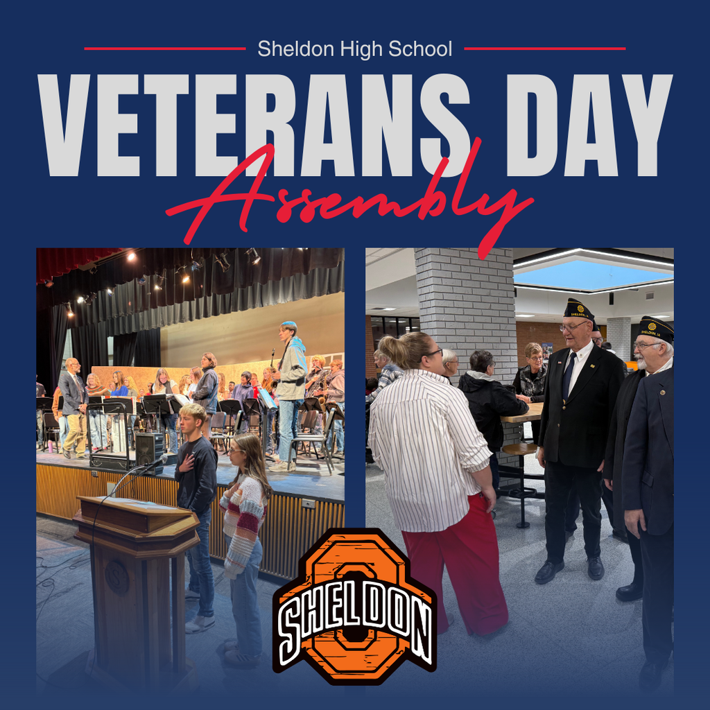 Staff, students, and community members gathered to honor and celebrate our veterans during a special Veterans Day assembly. The program began with the presentation of colors, followed by the Pledge of Allegiance and a moving performance by the Sheldon High School band, featuring Clint Badberg’s tribute to the branches of the military. Throughout the ceremony, local veterans were recognized and sincerely thanked for their service, dedication, and sacrifice in protecting our freedoms.  Thank you to Braeden Mouw and Sophie Meyer for leading the program, and to our guest speaker, Dr. Ryan Becker, who shared an inspiring message about the importance of service, community, and remembering those who have protected our freedoms. We are also deeply grateful to all the veterans who attended and allowed us the opportunity to express our appreciation in person.  We extend our heartfelt thanks to all veterans for their dedication and courage, and to everyone who helped make this meaningful event possible. Your service and sacrifice will never be forgotten.