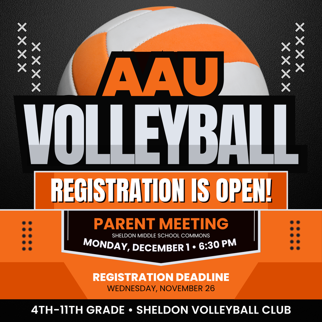 Registration for the upcoming Sheldon Volleyball Club season is now open to all athletes in 4th-11th grade! Register by Wednesday, November 26 by using this link: tinyurl.com/sheldonvb25 Sheldon Volleyball Club Parent Meeting ⏰ 6:30 pm 📅 Monday, December 1 📍 Sheldon Middle School Commons Please bring the $130 fee to the meeting. Check or Venmo payment is accepted. Venmo: @CorrinaAlexander. Checks Payable To: Sheldon Volleyball Club