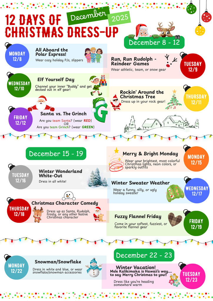 Sheldon Middle School Holiday Dress-Up Days kick off next week, and we’re excited to celebrate the season together! Each day will feature a fun and festive theme designed to spread cheer throughout the building. 