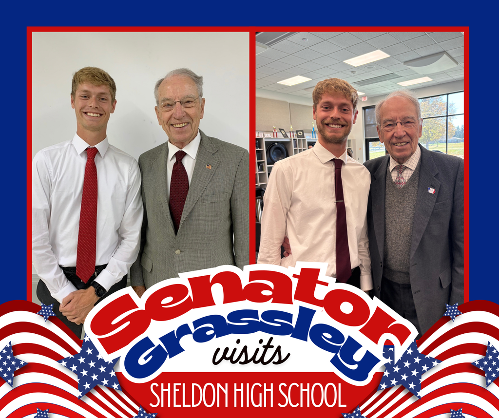 Senator Chuck Grassley visited Sheldon High School as part of his 99-county tour. The President pro tempore of the United States Senate answered student questions on topics ranging from life lessons to the recent government shutdown and practicing constructive politics. He also met with members of the National Honor Society, the Student Leadership Team, and the Orab Leadership Class. A fun moment from the visit included recreating a photo with Mr. Joseph Kunert, who interned in Senator Grassley’s office in 2021. The two recreated a photo from that time.