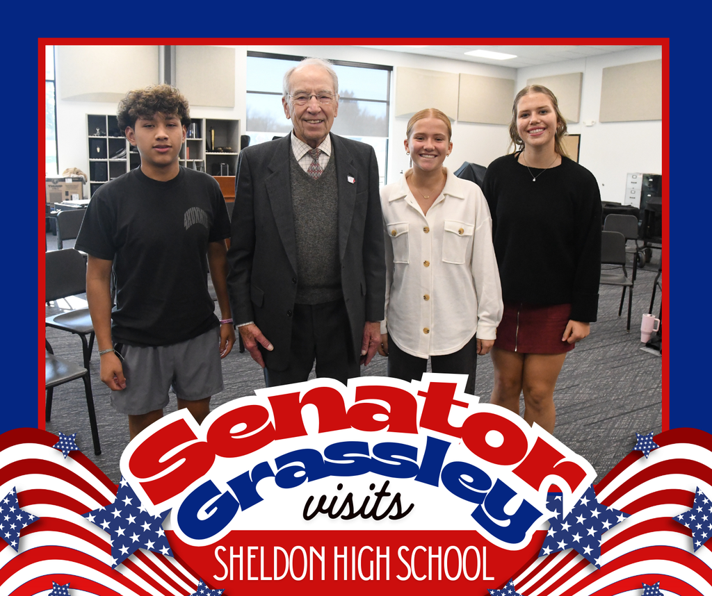 Senator Chuck Grassley visited Sheldon High School as part of his 99-county tour. The President pro tempore of the United States Senate answered student questions on topics ranging from life lessons to the recent government shutdown and practicing constructive politics. He also met with members of the National Honor Society, the Student Leadership Team, and the Orab Leadership Class. A fun moment from the visit included recreating a photo with Mr. Joseph Kunert, who interned in Senator Grassley’s office in 2021. The two recreated a photo from that time.