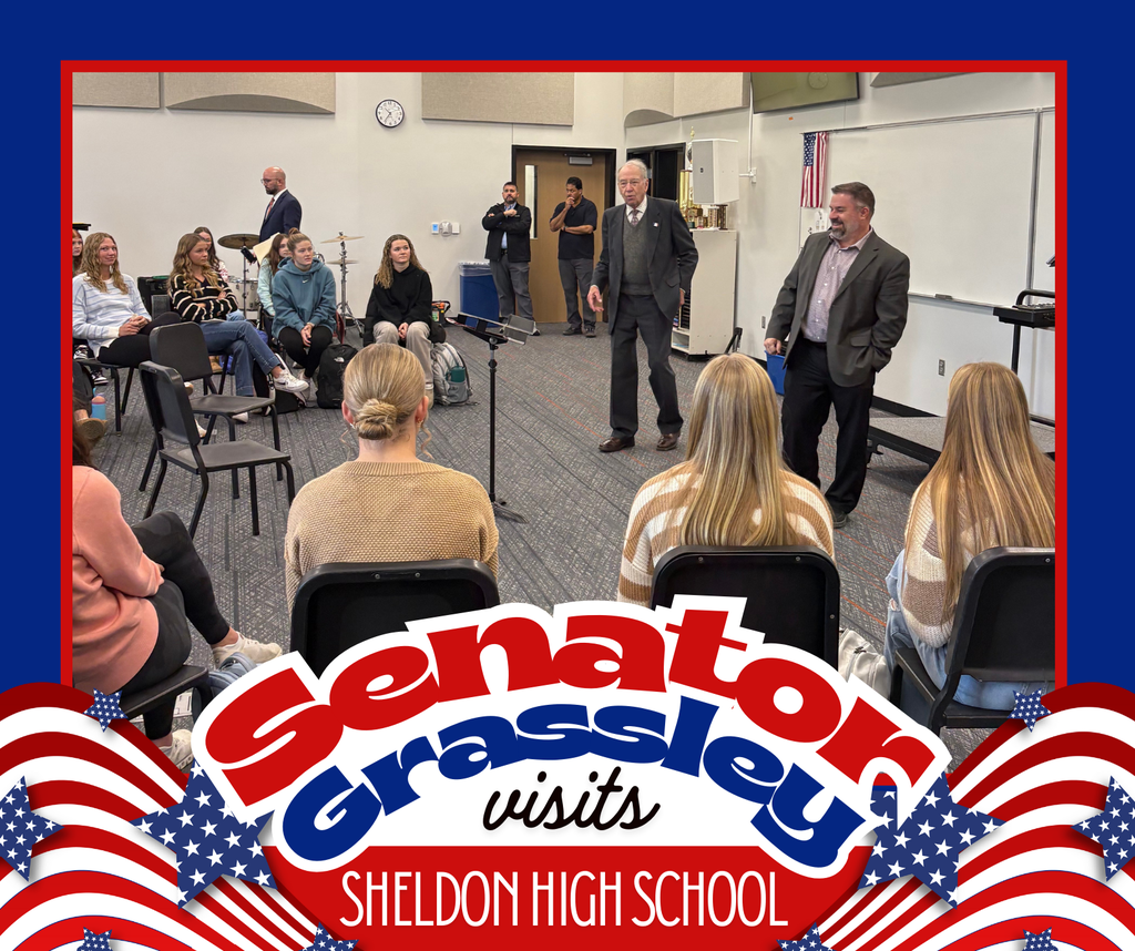 Senator Chuck Grassley visited Sheldon High School as part of his 99-county tour. The President pro tempore of the United States Senate answered student questions on topics ranging from life lessons to the recent government shutdown and practicing constructive politics. He also met with members of the National Honor Society, the Student Leadership Team, and the Orab Leadership Class. A fun moment from the visit included recreating a photo with Mr. Joseph Kunert, who interned in Senator Grassley’s office in 2021. The two recreated a photo from that time.
