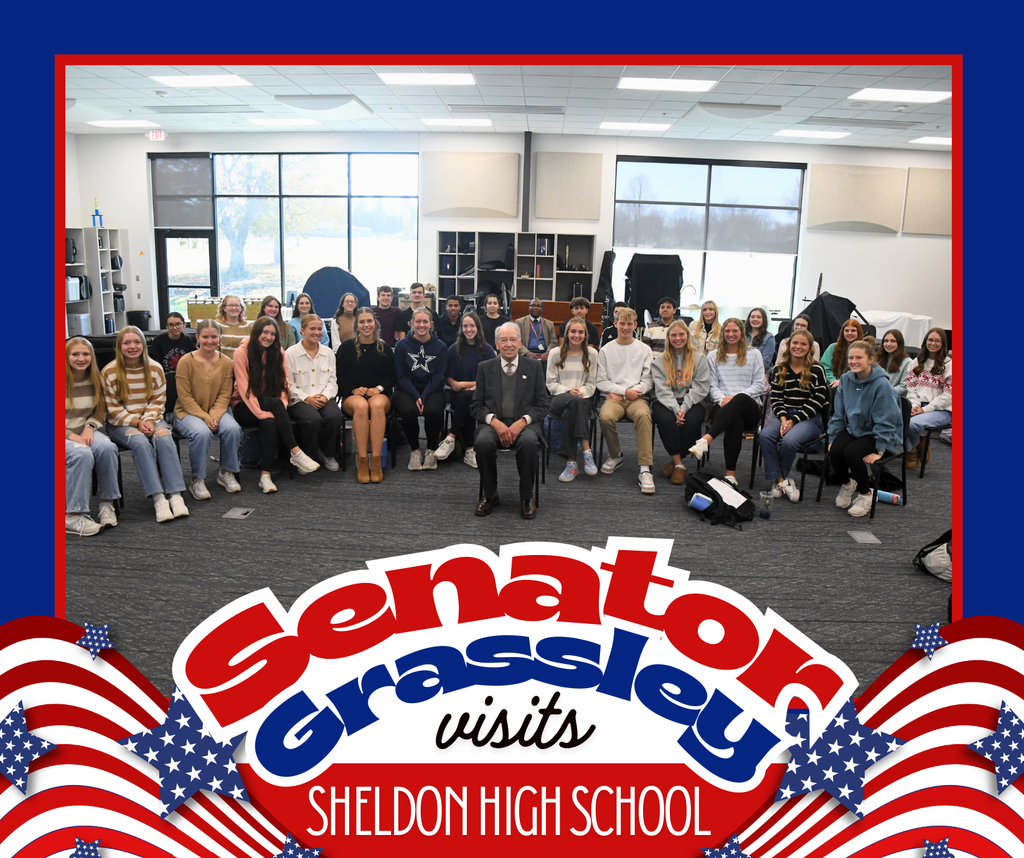 Senator Chuck Grassley visited Sheldon High School as part of his 99-county tour. The President pro tempore of the United States Senate answered student questions on topics ranging from life lessons to the recent government shutdown and practicing constructive politics. He also met with members of the National Honor Society, the Student Leadership Team, and the Orab Leadership Class. A fun moment from the visit included recreating a photo with Mr. Joseph Kunert, who interned in Senator Grassley’s office in 2021. The two recreated a photo from that time.