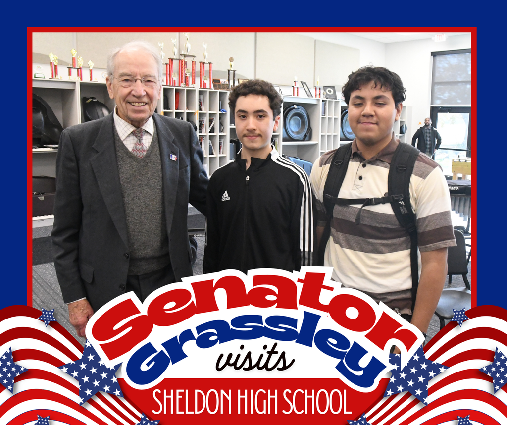 Senator Chuck Grassley visited Sheldon High School as part of his 99-county tour. The President pro tempore of the United States Senate answered student questions on topics ranging from life lessons to the recent government shutdown and practicing constructive politics. He also met with members of the National Honor Society, the Student Leadership Team, and the Orab Leadership Class. A fun moment from the visit included recreating a photo with Mr. Joseph Kunert, who interned in Senator Grassley’s office in 2021. The two recreated a photo from that time.